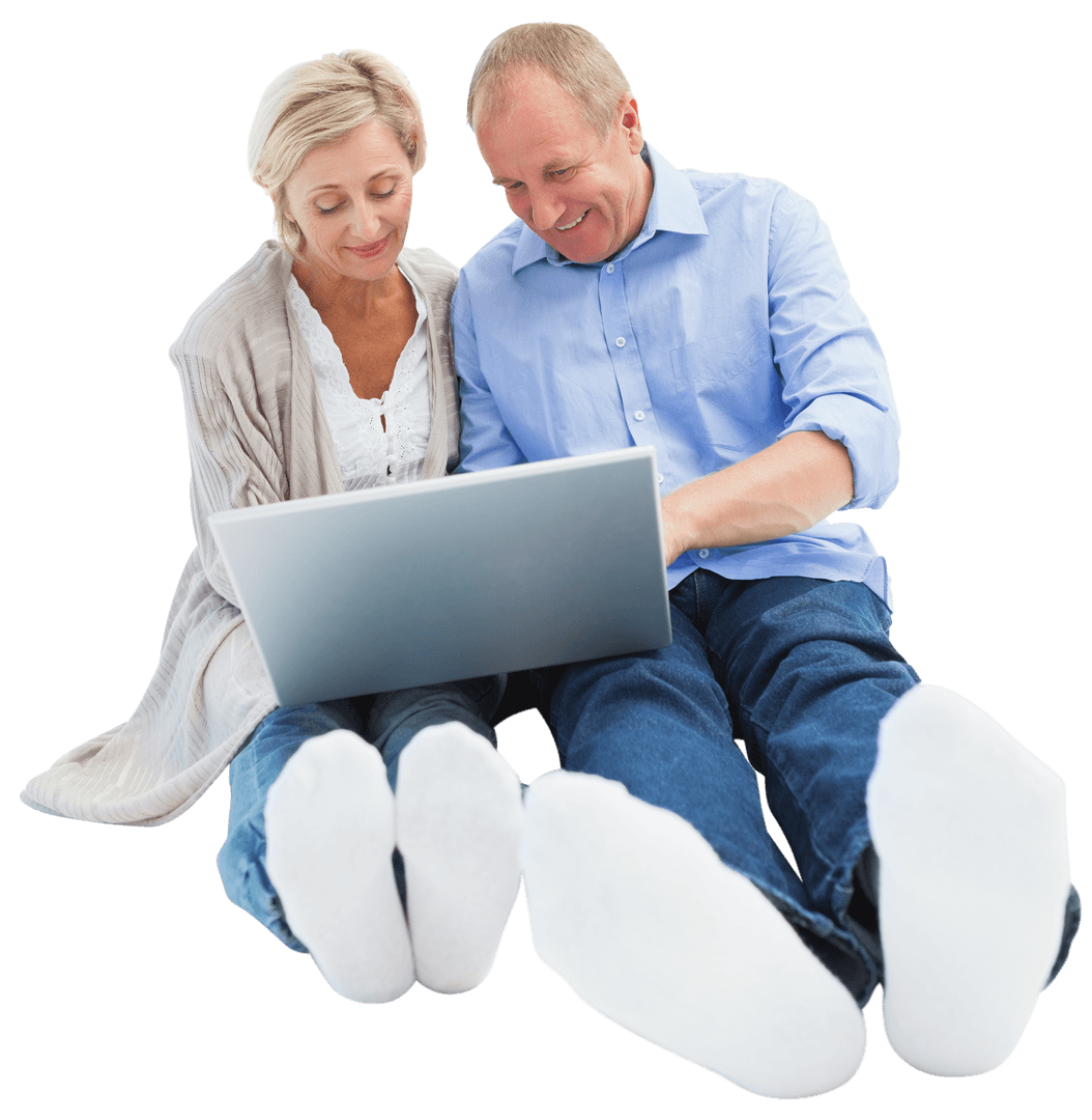 Transparent Background Showing Mature Couple Using Laptop
