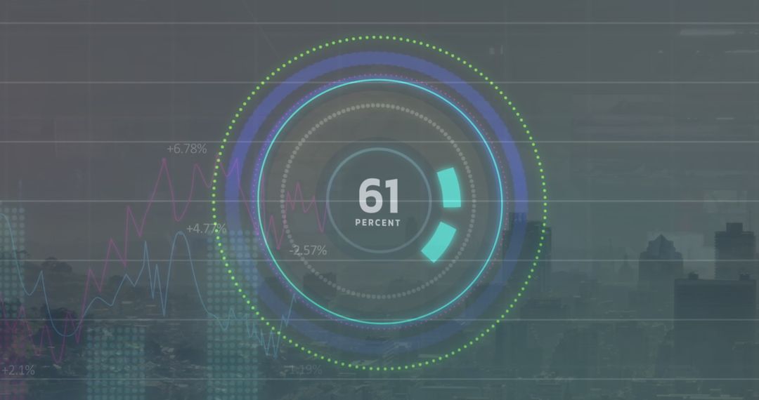 Digital Data Interface with Analytics Over Cityscape Background