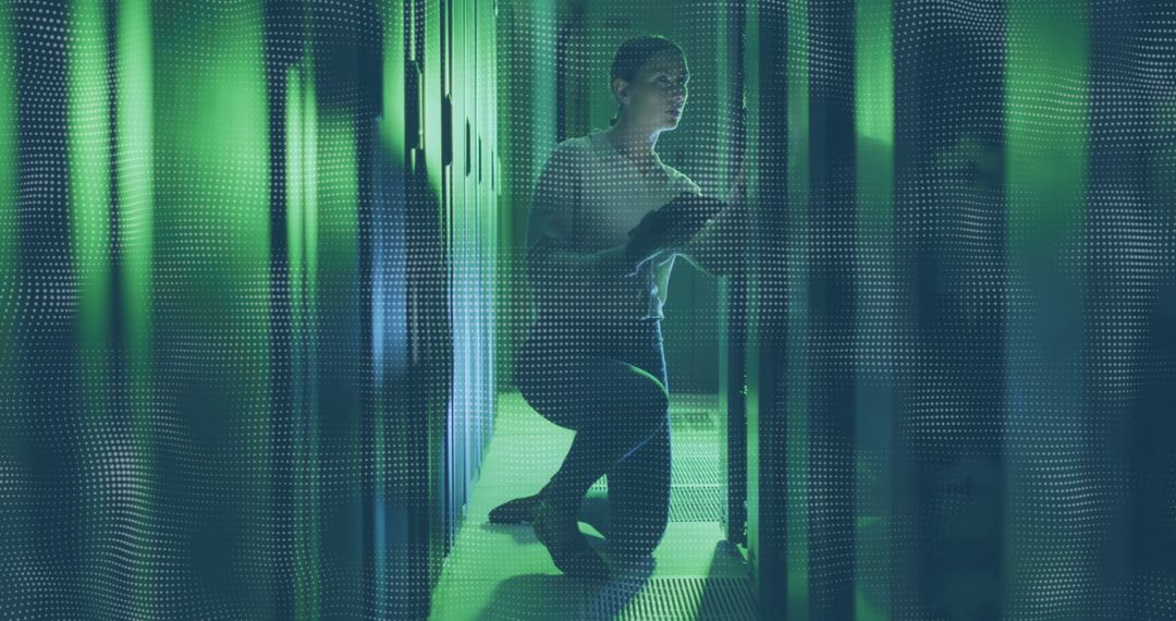 Technician Inspecting Servers in Advanced Data Center