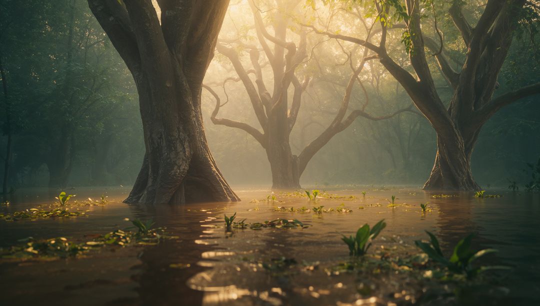 Mystical Flooded Forest with Emerging Trunk and Sunlit Mist