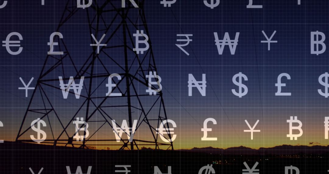 Silhouette of Power Line Tower with Floating Currency Symbols at Sunset