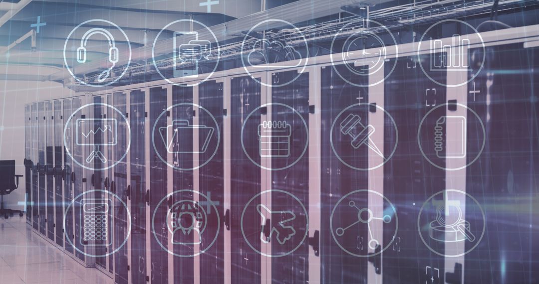 Digital Icons Superimposed on Modern Empty Server Room