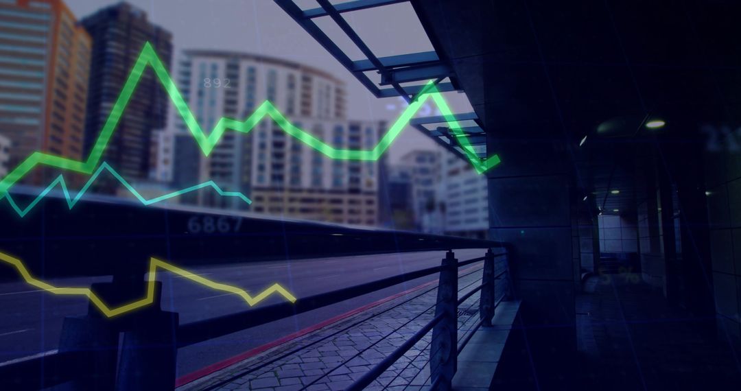 Neon Line Graph Overlay Above Urban Tiled Walkway