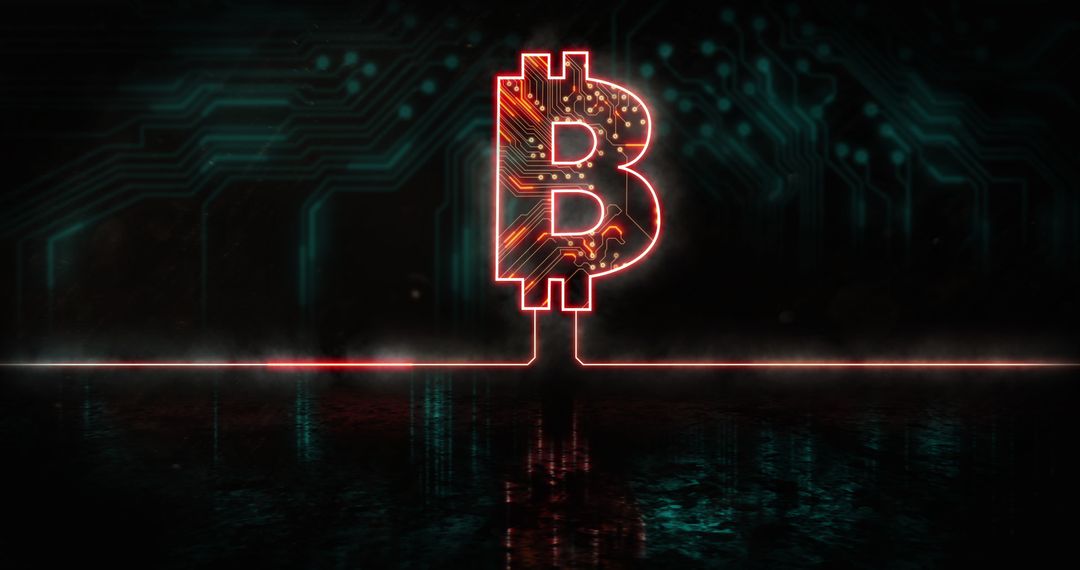 Glowing Bitcoin Symbol on Digital Circuit Background