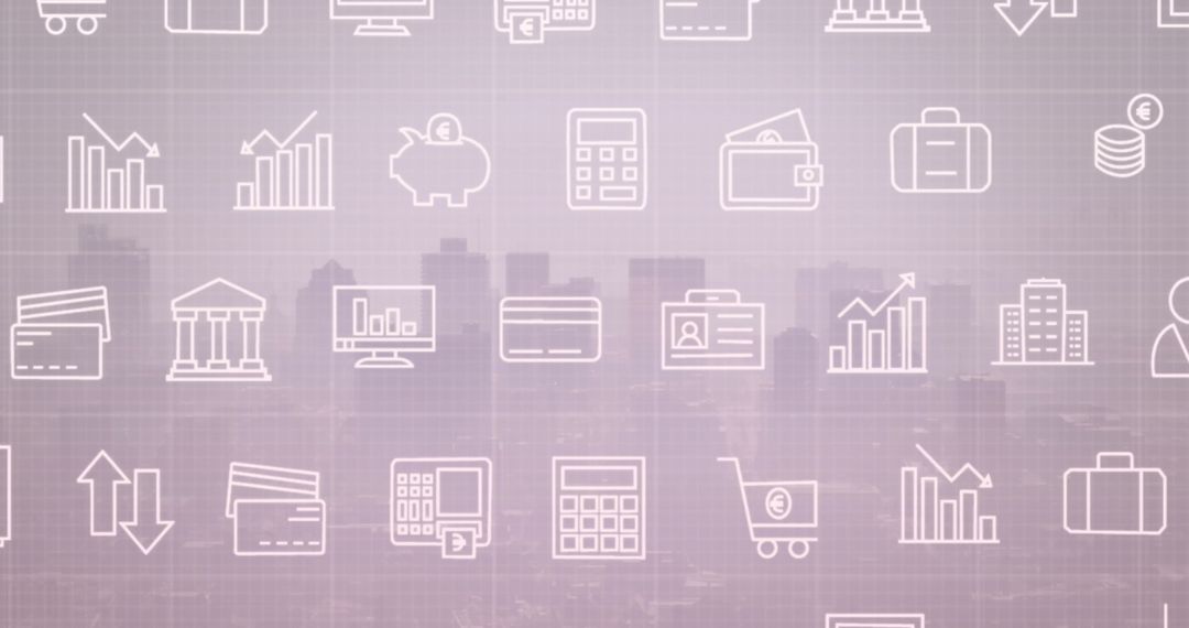 Business Icons Overlaying Cityscape Illustrating Global Finance Concepts