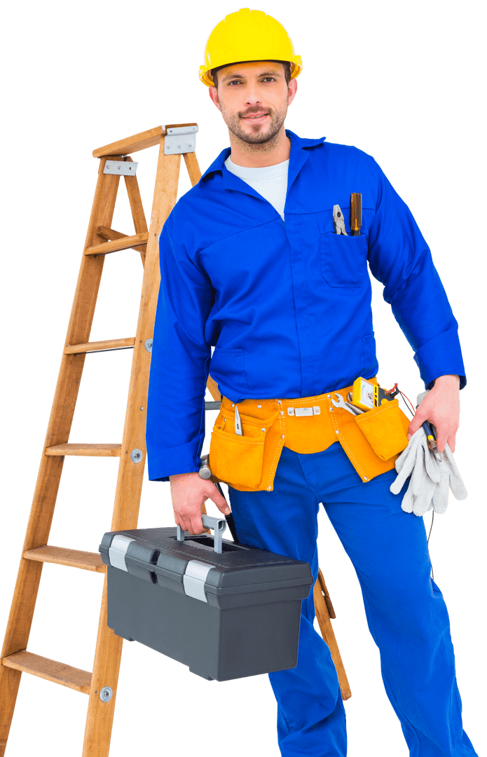 Smiling Handyman with Tools and Ladder on Transparent Background