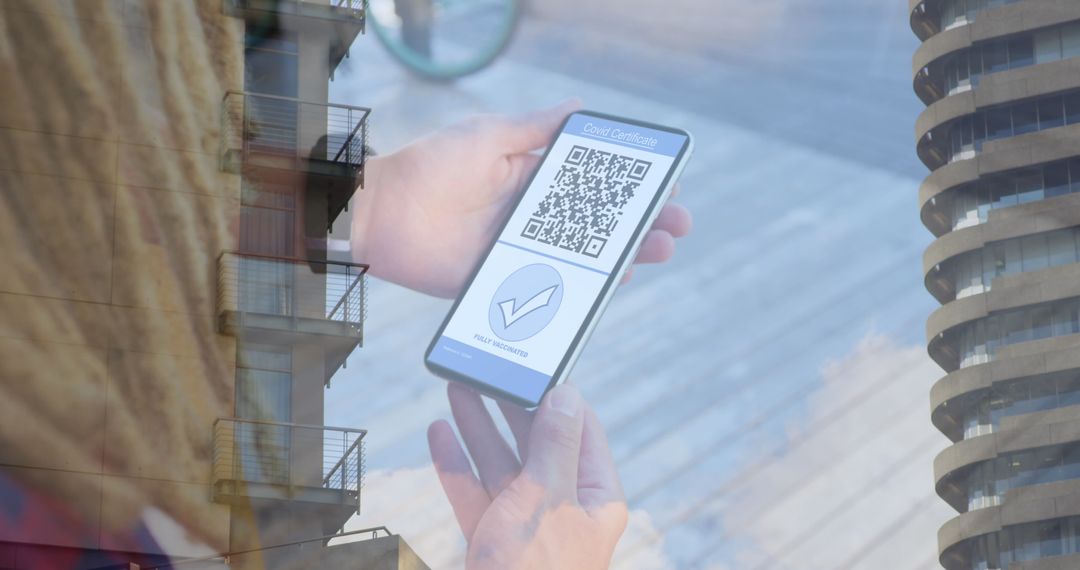Woman Holding Smartphone COVID-19 Vaccine Passport in Urban Setting