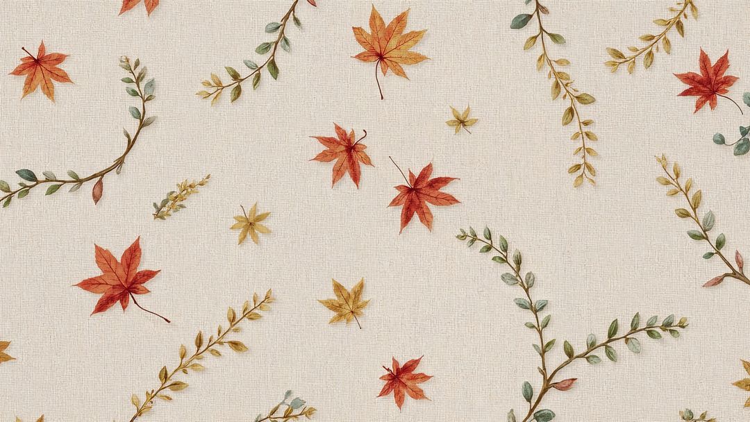 Autumn Maple Leaf Pattern on Fabric with Green Twigs