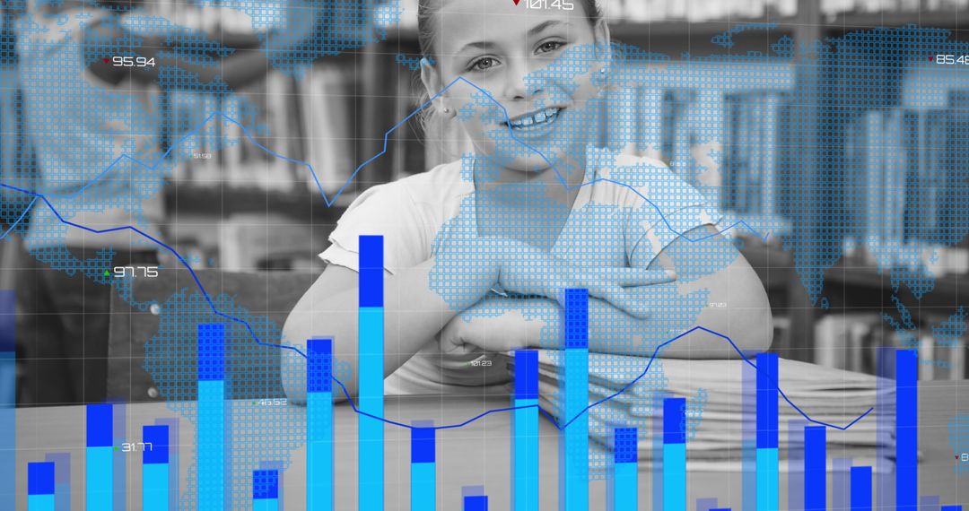 Smiling Student with Overlay of Charts and World Map in Library