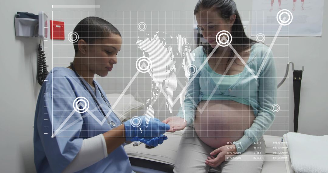 Nurse preparing prenatal injection consulting expectant mother with health data overlay