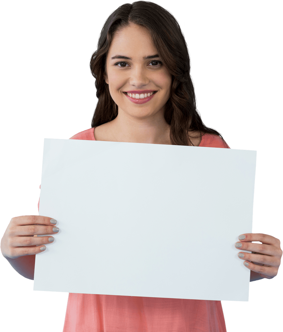 Smiling Woman Holding Blank Sign on Transparent Background