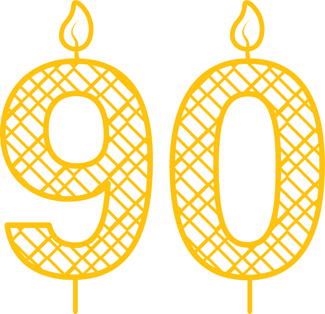 Yellow 90 Birthday Candles with Intricate Pattern on Transparent Background