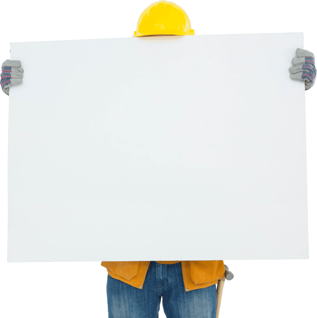Transparent Banner Behind Construction Worker with Blank Safety Sign