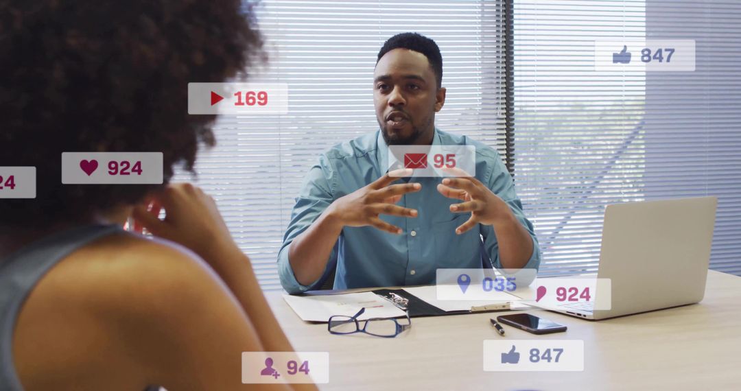 Business Professionals Discussing Social Media Analytics in Modern Office