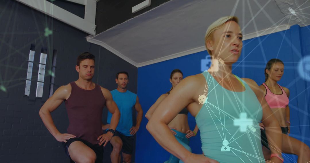 Fitness Enthusiasts Exercising with Virtual Technology Overlay