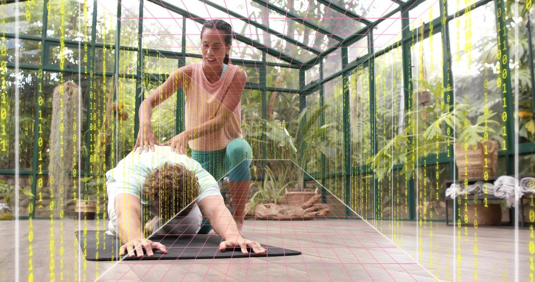 Yoga instructor guiding student through stretch in sunlit greenhouse with digital grid overlay