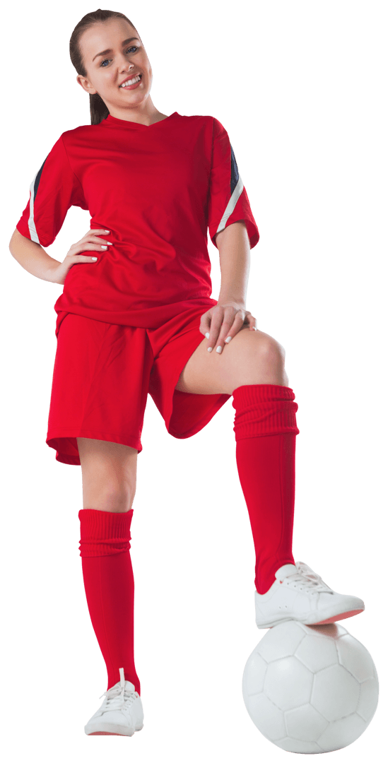 Young Female Soccer Player in Red Uniform on Transparent Background