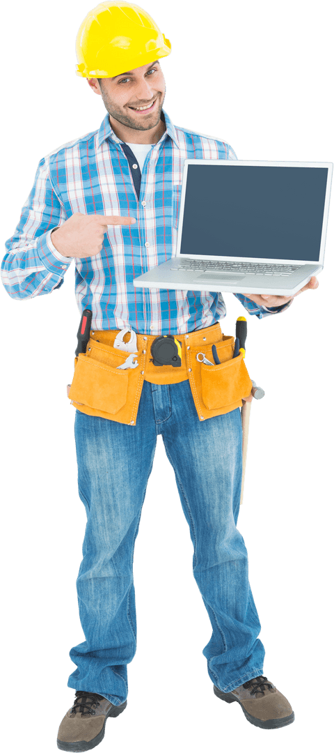Transparent Construction Worker Pointing at Laptop Display