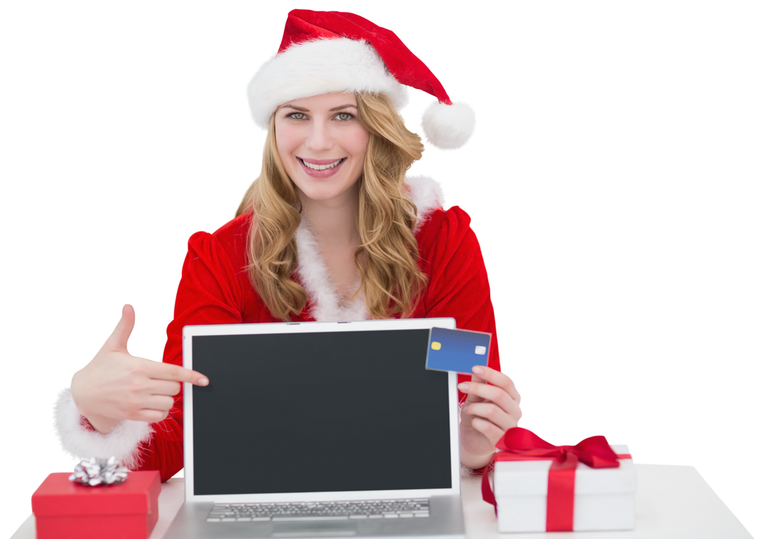 Caucasian Woman in Santa Hat shopping Online With Laptop on Transparent Background - Download Free Stock Images Pikwizard.com