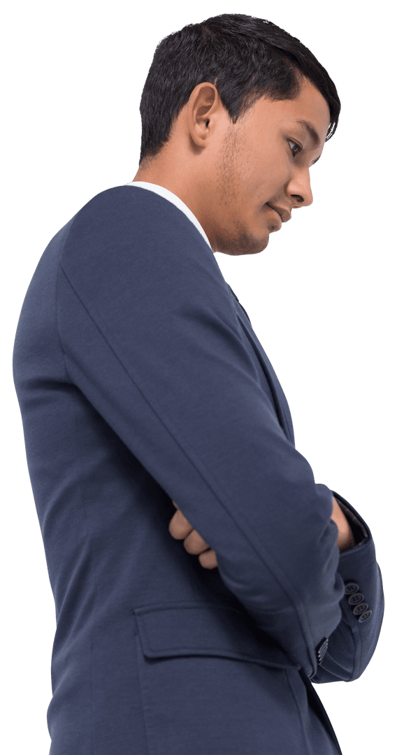 Transparent Businessman Crossing Arms in Thoughtful Stance