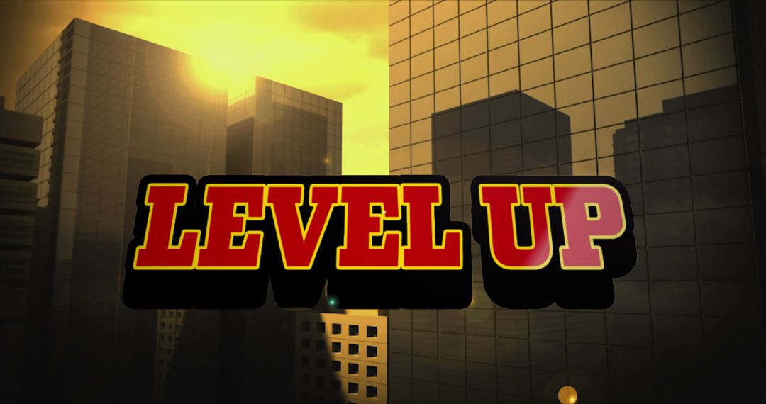 Dynamic Level Up Text with Sunlit City Skyscrapers