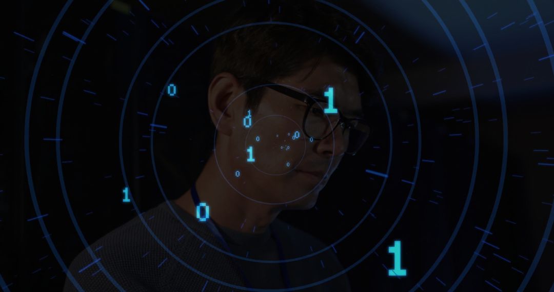 Man Operating Futuristic Digital Interface with Binary Data