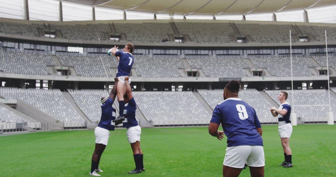Rugby Players Practicing Lineout in Empty Stadium