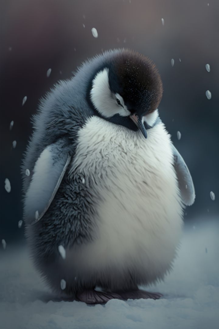 Adorable Penguin Chick Standing on Snowy Ground During Light Snowfall - Free Images, Stock Photos and Pictures on Pikwizard.com
