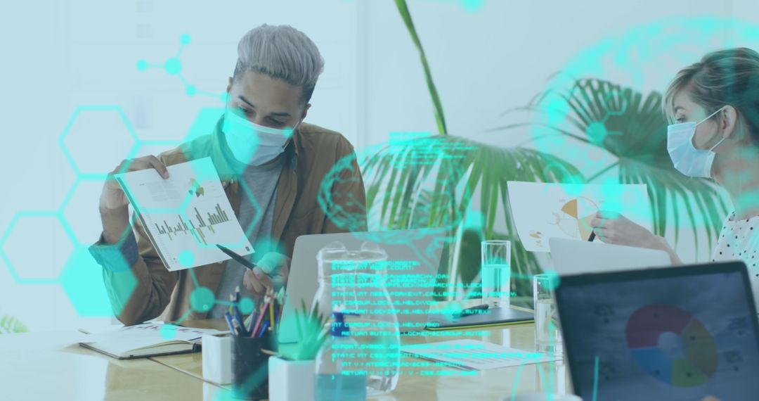 Colleagues Analyzing Statistics with Digital Interface During Pandemic