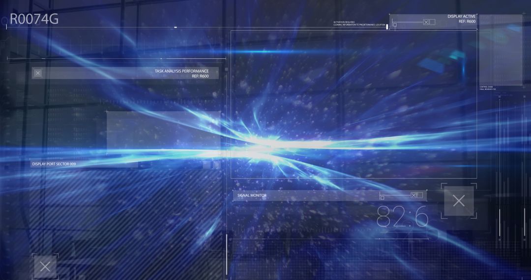 Futuristic digital interface with dynamic data streams and light trails