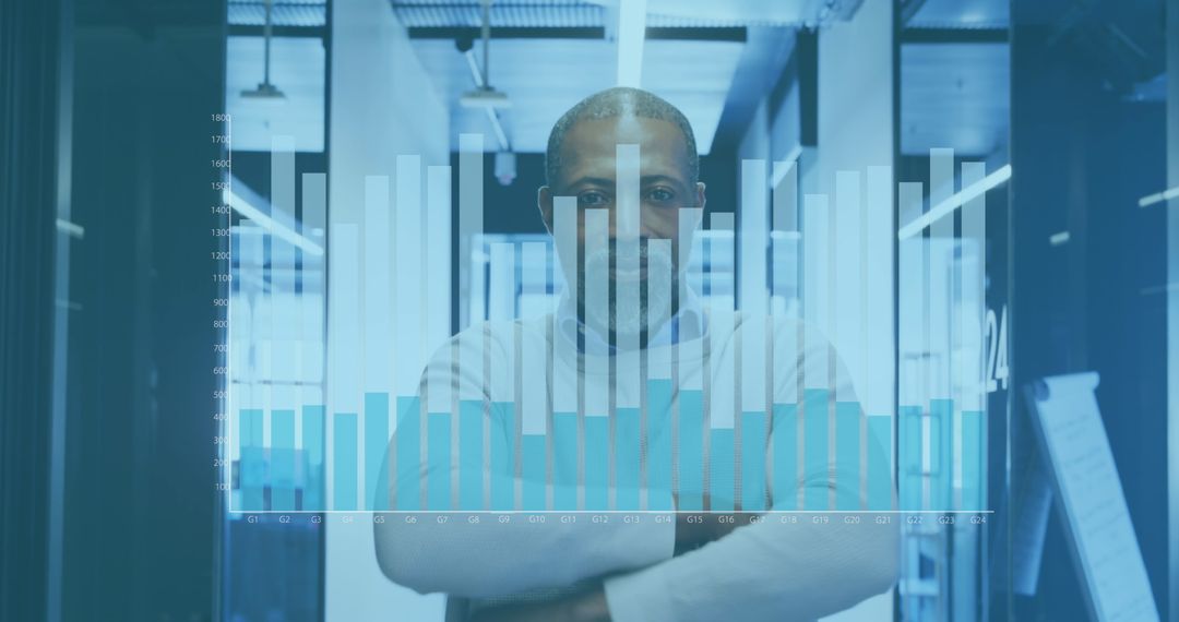 Confident Businessman with Financial Data Overlay in Modern Office