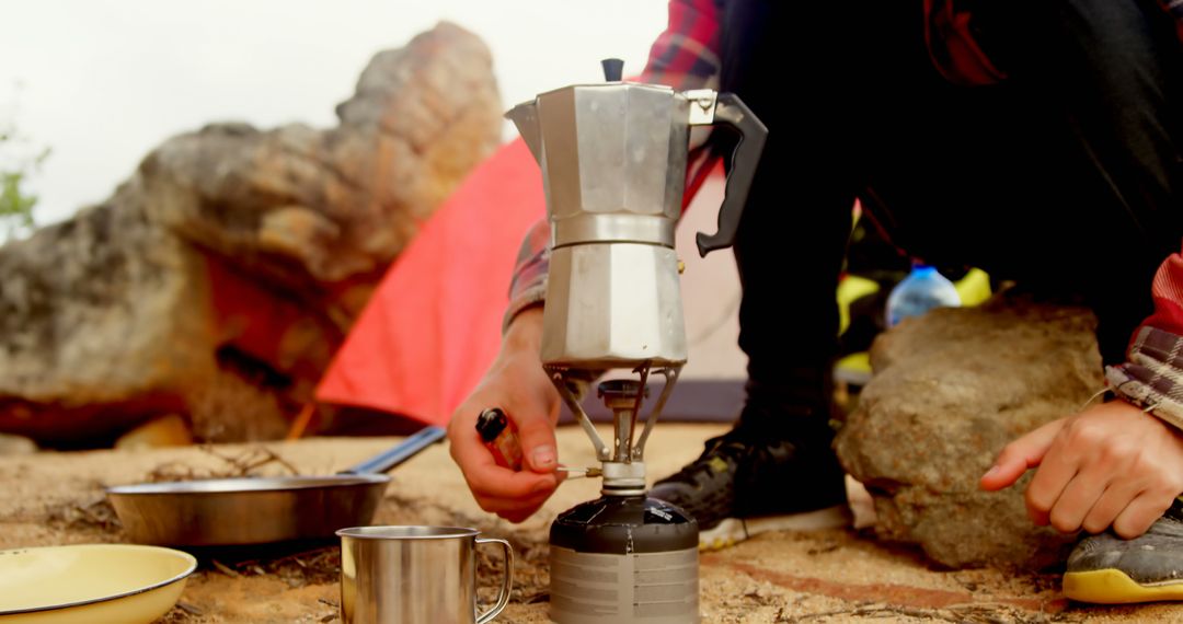 Camping Morning Brew with Portable Coffee Maker At Campsite - Free Images, Stock Photos and Pictures on Pikwizard.com