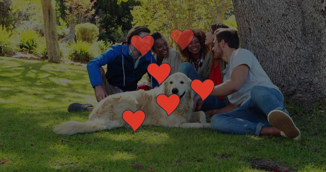 Friends Lounging with Golden Retriever in Sunlit Park