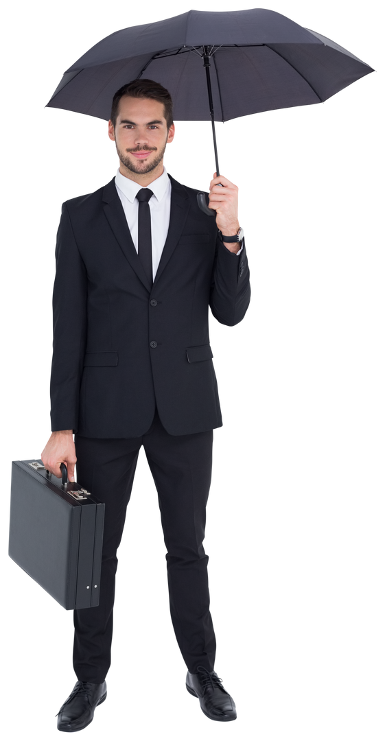 Smiling Businessman Holding Briefcase and Transparent Black Umbrella - Download Free Stock Images Pikwizard.com