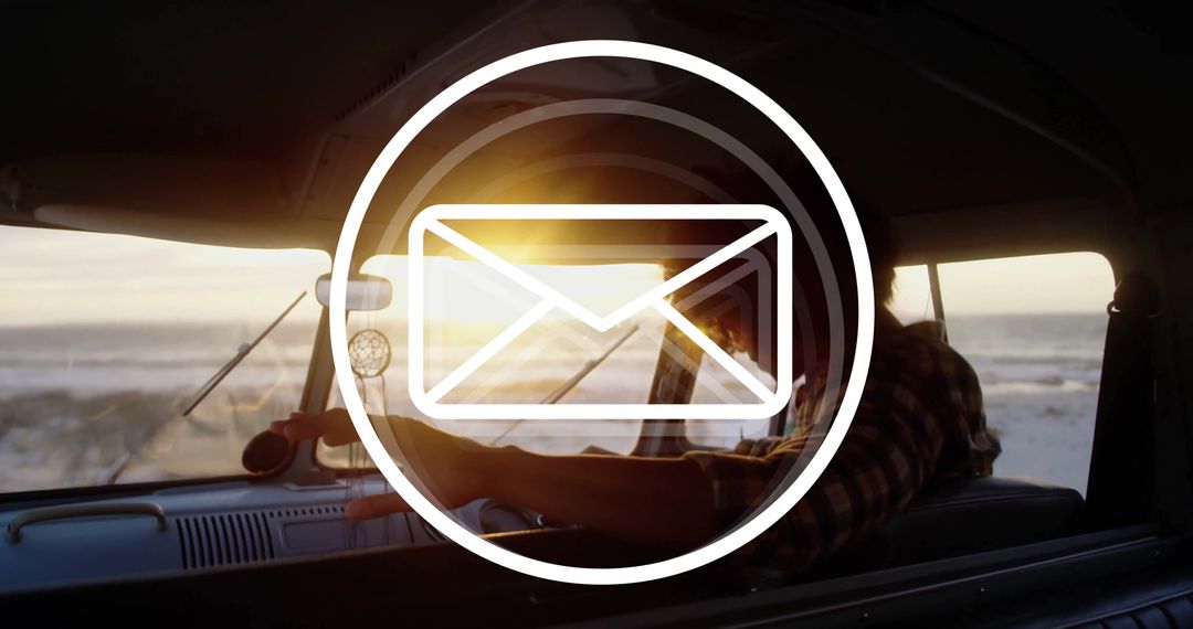 Man Relaxing in Camper at Beach with Sunset Envelope Icon