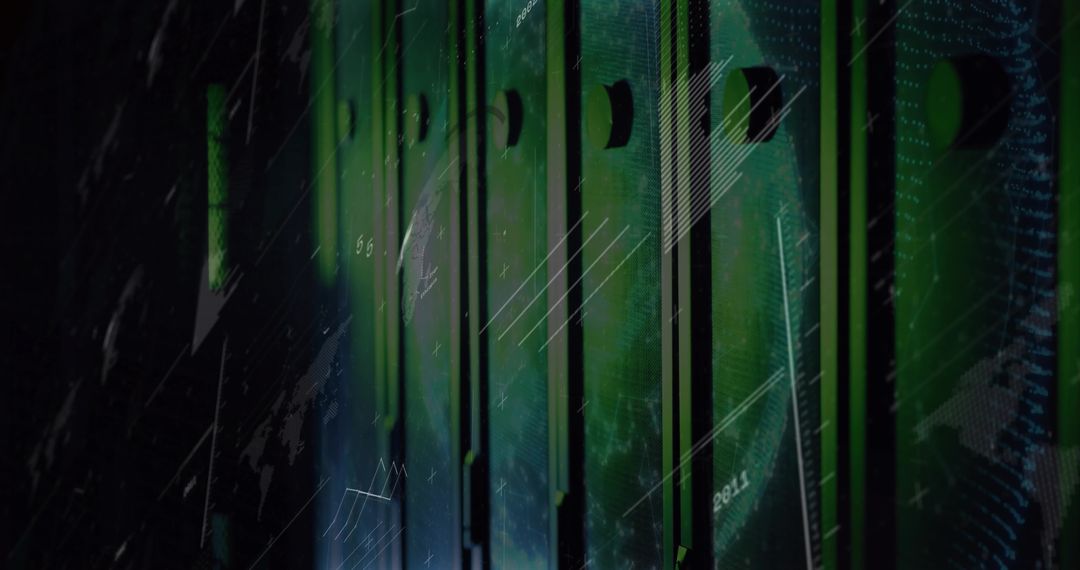 Glowing Green Server Racks in Futuristic Data Center Aisle with Ventilated Cabinets