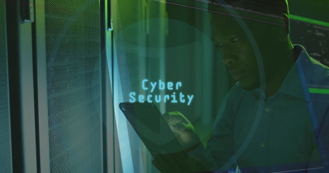 IT Technician Reviewing Cybersecurity Measures in Server Room