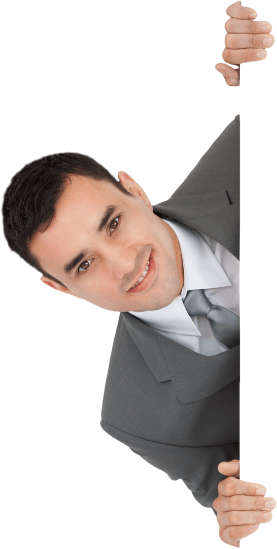 Smiling Businessman Holding Transparent Blank Sign