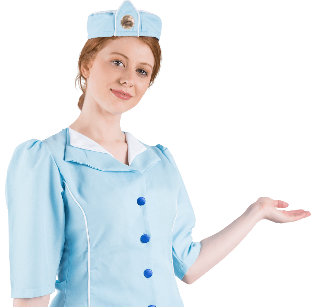 Young Air Hostess in Uniform with Welcoming Gesture on Transparent Background