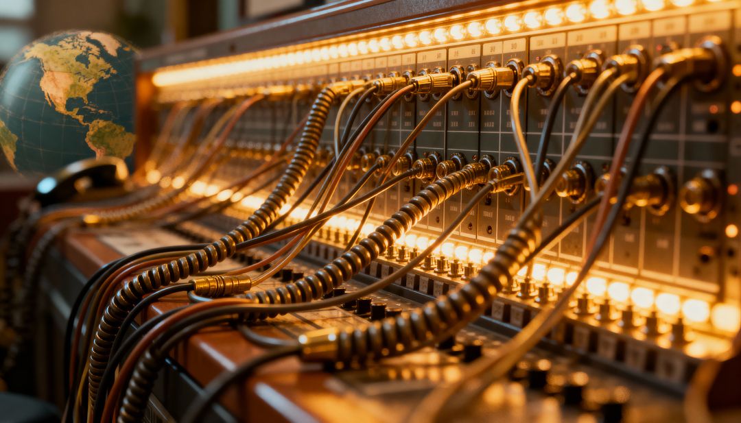 Glowing Vintage Telephone Switchboard Featuring Brass Plugs and Coiled Cords