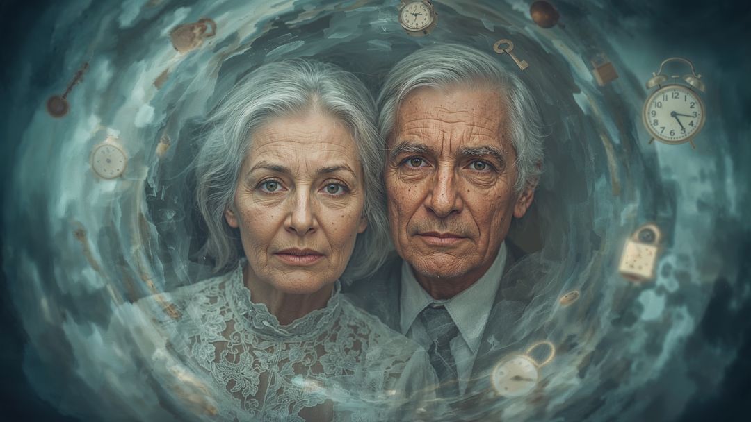 Elderly Couple in Time Tunnel with Floating Timepieces and Keys