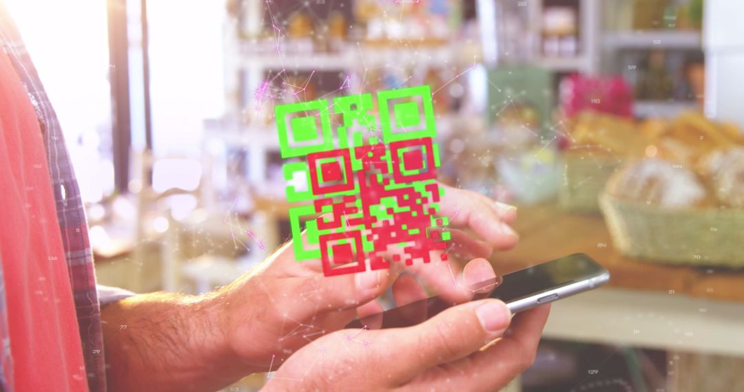 Person Scanning QR Code with Smartphone in Grocery Store