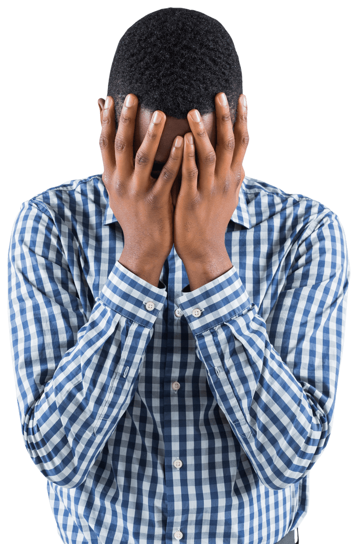 Transparent Businessman with Head in Hands Feeling Stressed