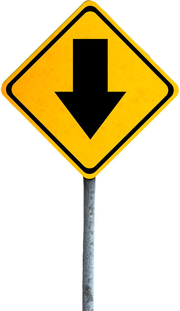 Yellow Caution Sign with Downward Arrow on Transparent Background