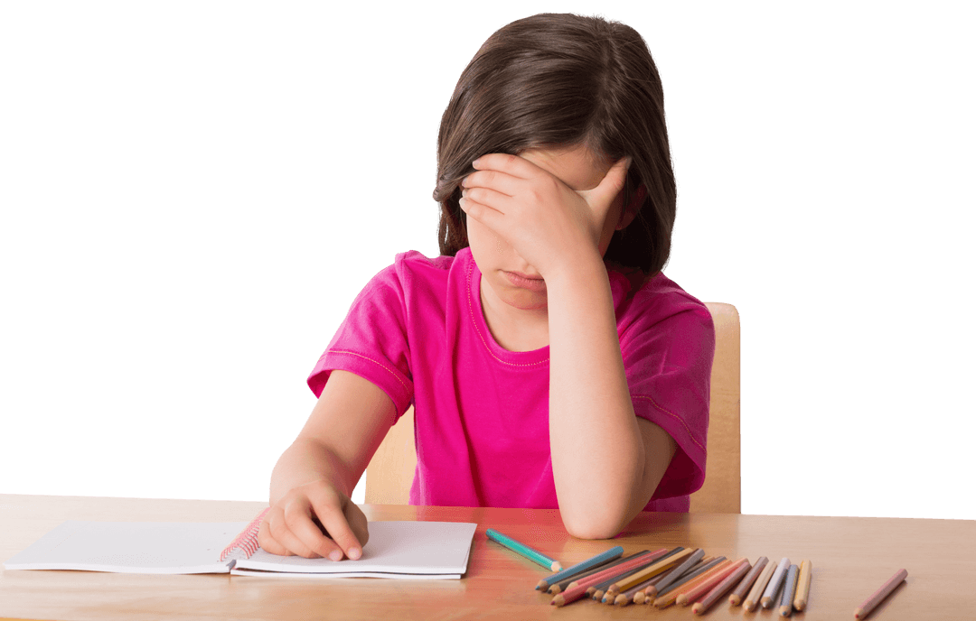 Frustrated Girl Studying with Colored Pencils on Desk Transparent Background