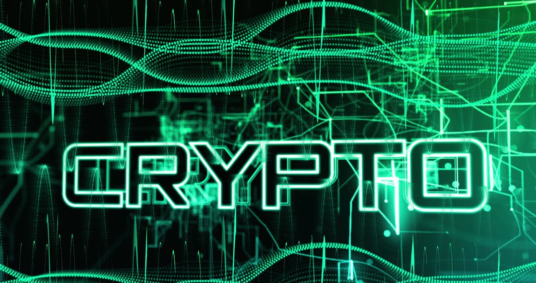 Neon Crypto Text with Digital Data Pattern on Black Background