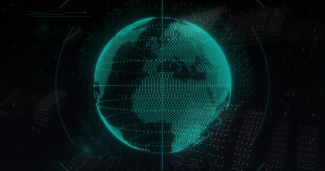 Teal Holographic Globe Rotating with Data Points and Futuristic HUD Visualization