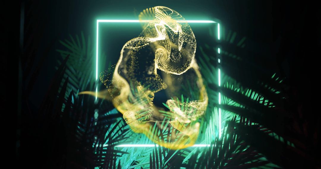 Neon Frame with Abstract Light Swirls in Tropical Foliage