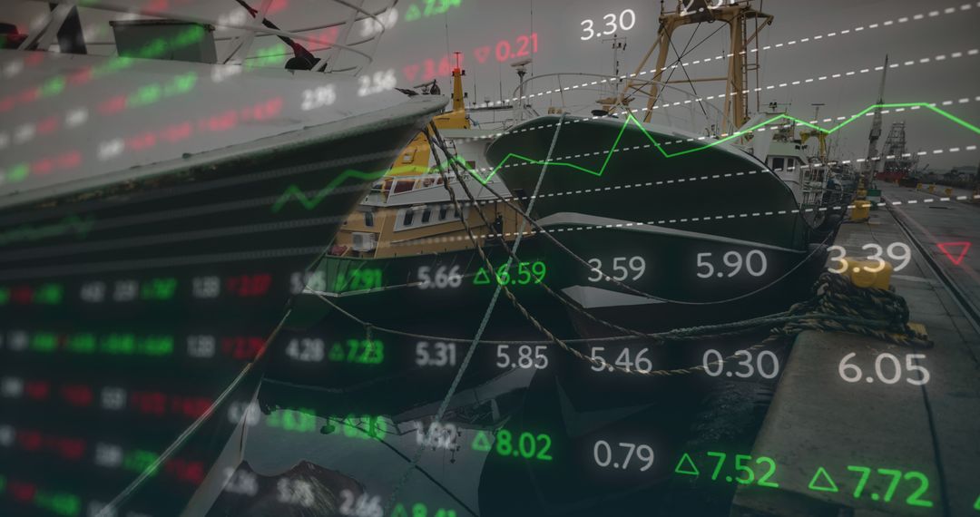 Financial Data Overlay on Busy Shipyard Background