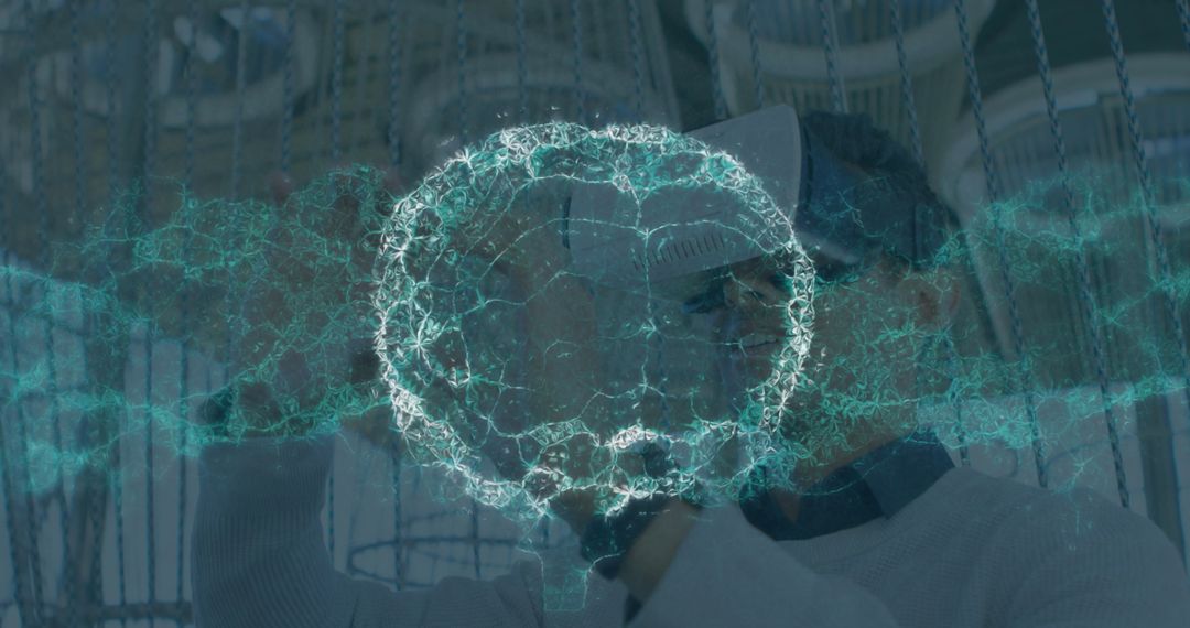 Businessman Exploring Virtual Reality with Spinning Digital Brain